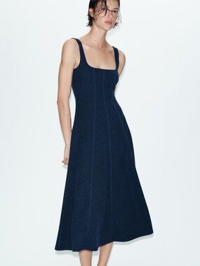 Zara Dark Navy Square-Neck Midi Dress